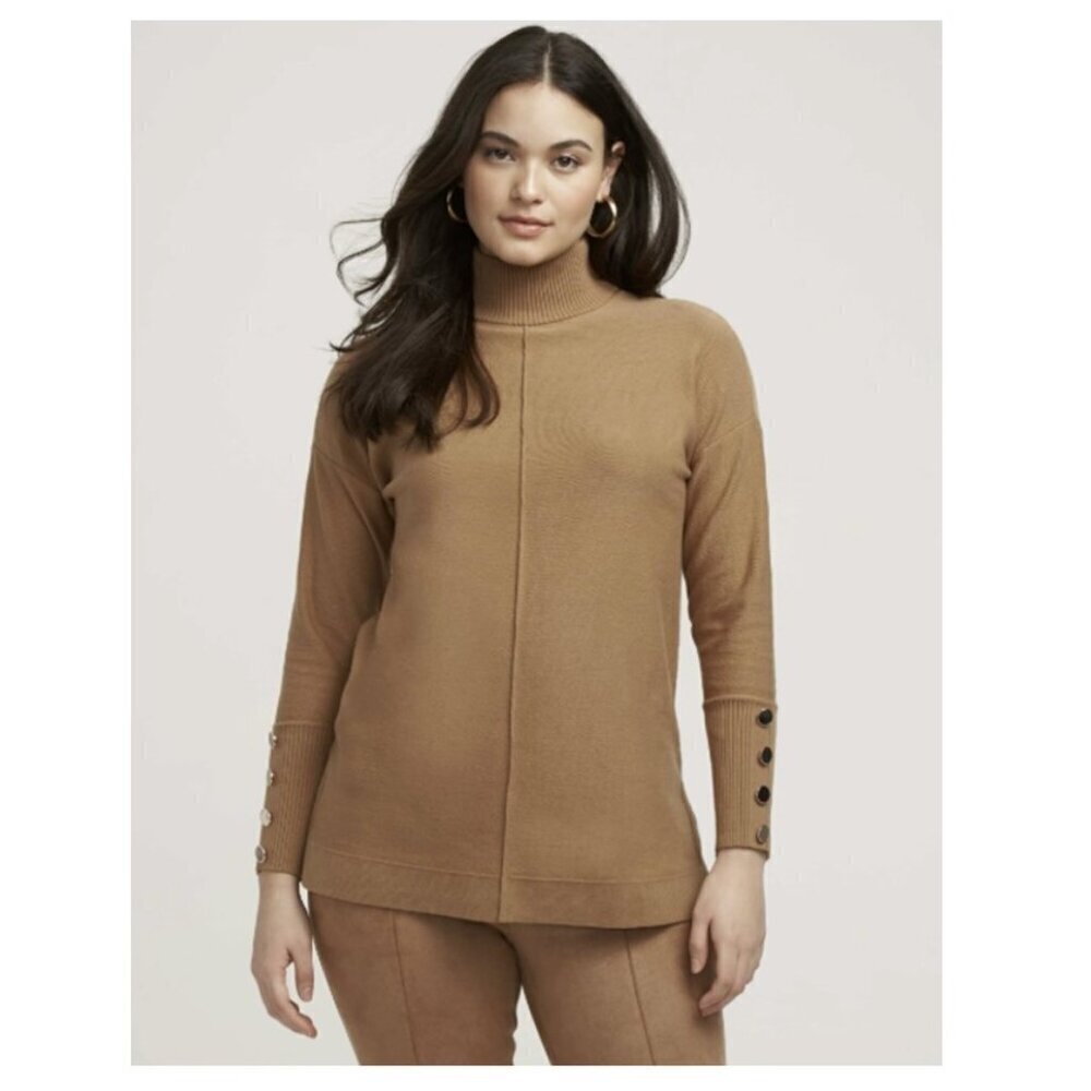 Anne Klein Mock Neck Elbow Sleeve Brown Knit Tunic Sweater